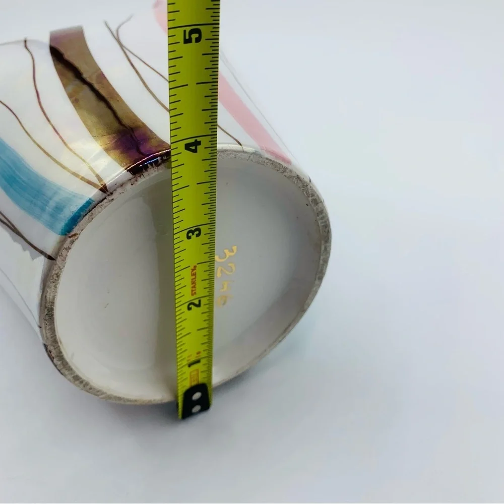 Vintage MCM Italian Iridescent Striped Vase with Gold Trim – 8.5”